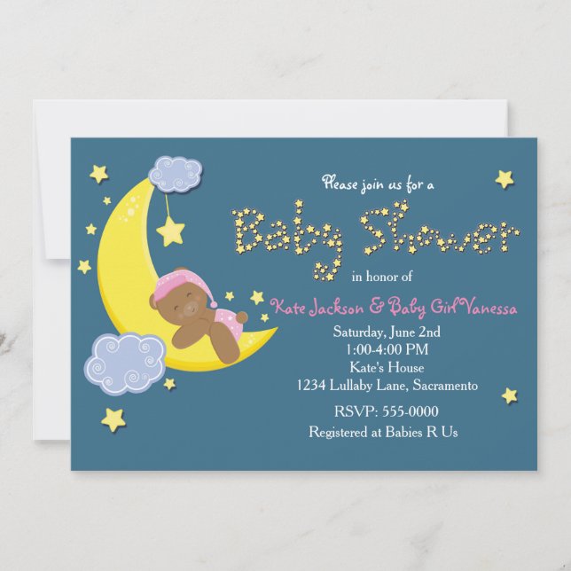 Invitation pour Fête de Bébé Fille Ourson Lune Éto (Devant)