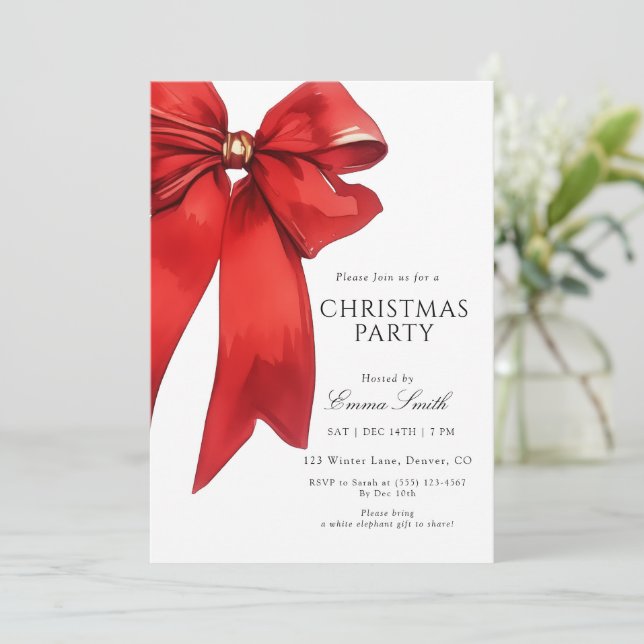 Invitation pour fête de Noël avec un nœud rouge aq (Debout devant)