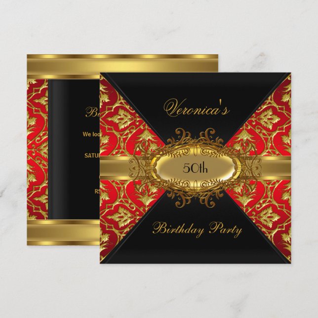 Invitation pour fête des 50 ans rouge or noir dama (Devant / Derrière)