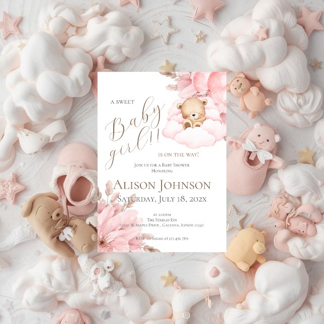 Invitation pour fille à la baby shower ours rose (Créateur téléchargé)