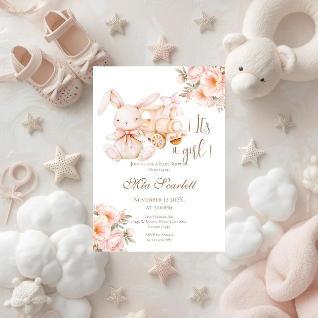 Invitation pour fille pour baby shower lapin rose (Créateur téléchargé)