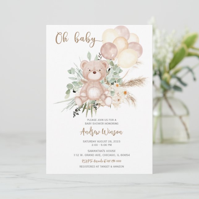 Invitation pour garçon à la baby shower Boho Bear (Debout devant)