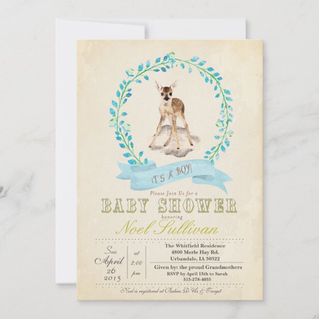 Invitation pour garçon à la baby shower Cerf (Devant)