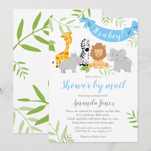 Invitation pour garçon Baby Shower Animaux de Safa (Devant / Derrière)