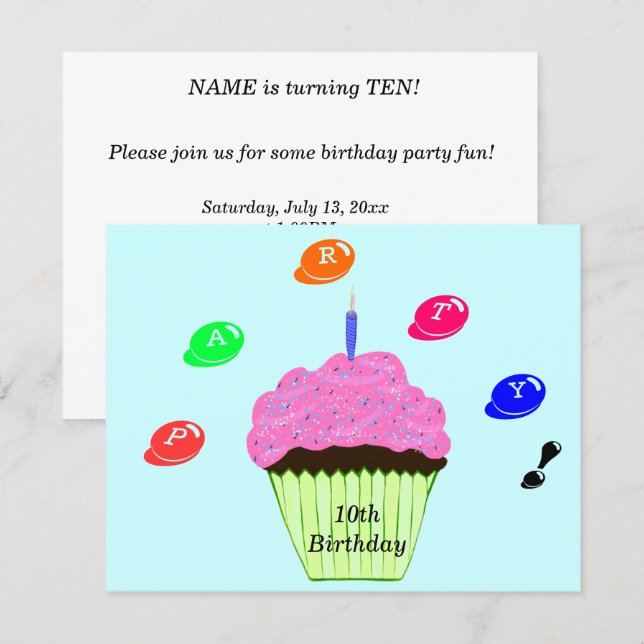 Invitation pour gâteau d'anniversaire 10 ans avec  (Devant / Derrière)