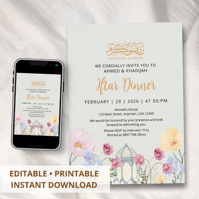 Invitation pour Iftar Lanterne Aquarelle Florale R (Créateur téléchargé)