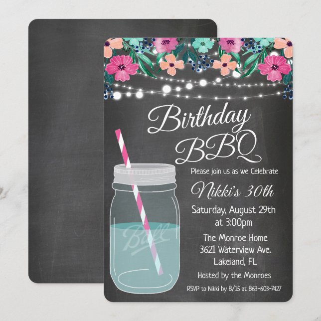 Invitation pour jar Mason BBQ d'anniversaire TOUT  (Devant / Derrière)
