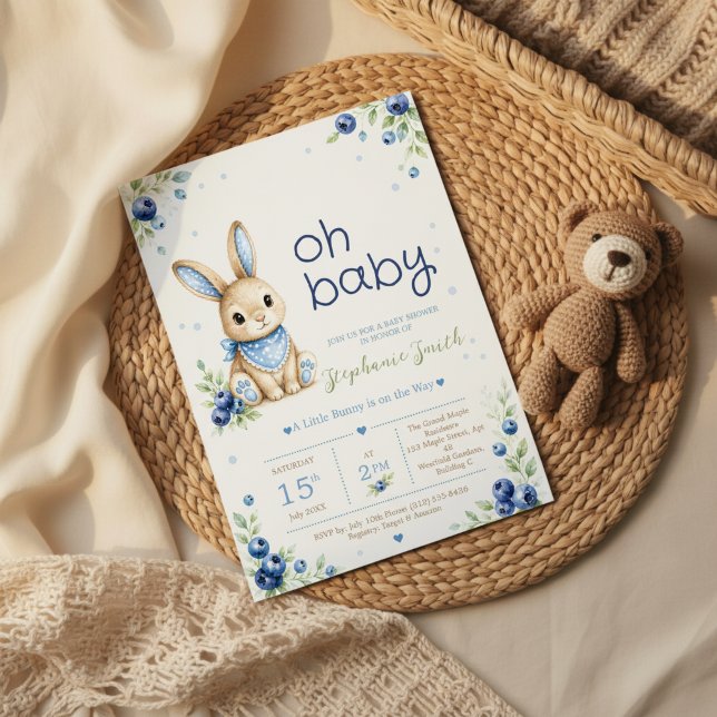 Invitation pour la Baby Shower de Blue Bunny Boy (Charming watercolor baby shower invitation featuring an adorable bunny)