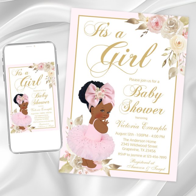 Invitation pour la baby shower de la princesse afr (Cute pink and gold tutu baby shower invitation. Instant download and printed invitations available.)