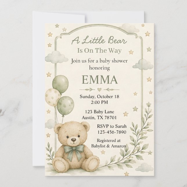 Invitation pour la Baby Shower de Petit Ours (Devant)