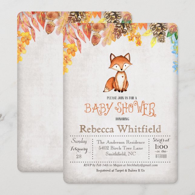 Invitation pour la Baby Shower de Petit Renard (Devant / Derrière)