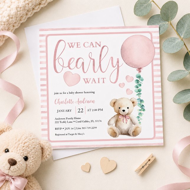 Invitation pour la Baby Shower Fille Ourson Rose (Pink Bearly Wait Baby Shower Invite)
