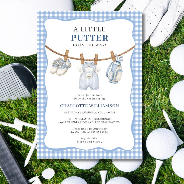 Invitation pour la Baby Shower Little Putter Blue  (Little Putter Blue Golf Clothesline Baby Shower Invitation)