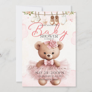 Invitation pour la Baby Shower Ourson Rose en Pelu