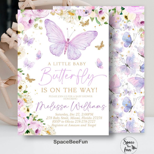 Invitation pour la Baby Shower Papillon Violet Fil (Purple Butterfly invitation,Baby Shower Invitation,Girl Butterfly Theme,baby shower invite,)