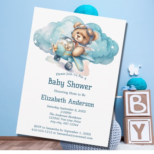Invitation pour la baby shower Teddy Bear Airplane (Créateur téléchargé)