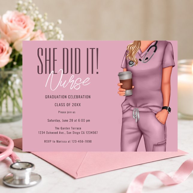 Invitation pour la célébration de la remise des di (Elegant pink nurse graduation invitation with a modern feminine editorial aesthetic )