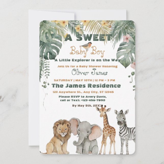 Invitation pour la douche bébé garçon Safari Tropi (Devant)