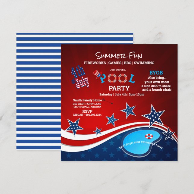 Invitation pour la fête au bord de la piscine avec (Devant / Derrière)