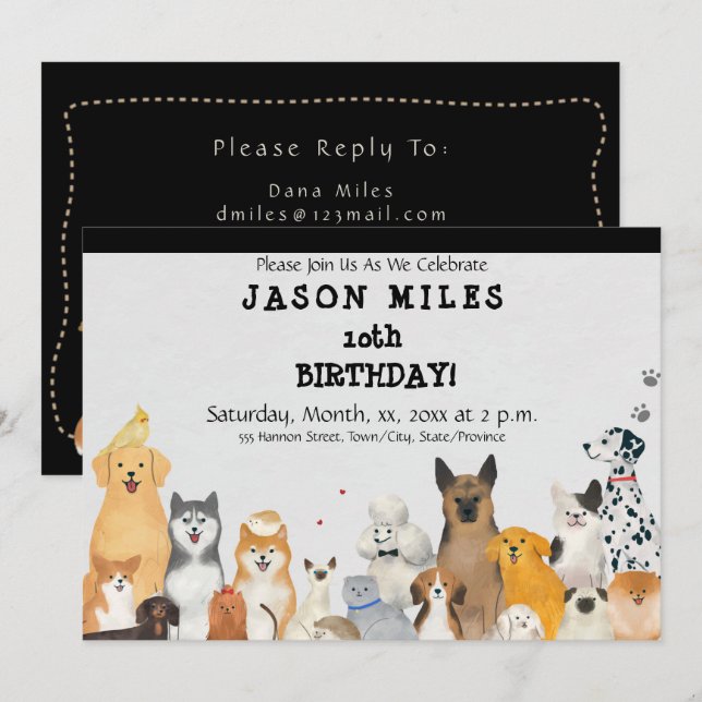 Invitation pour la fête d'anniversaire, Chiens mig (Devant / Derrière)