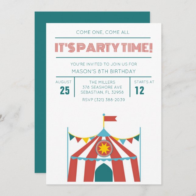 Invitation pour la fête d'anniversaire du cirque p (Devant / Derrière)