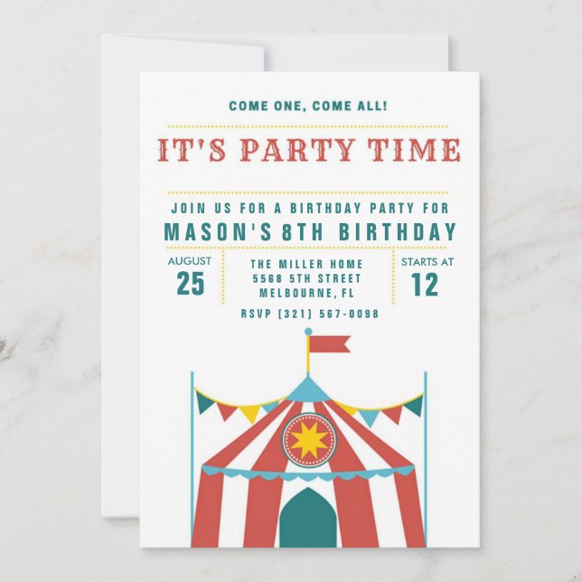 Invitation pour la fête d'anniversaire du cirque p (Devant)