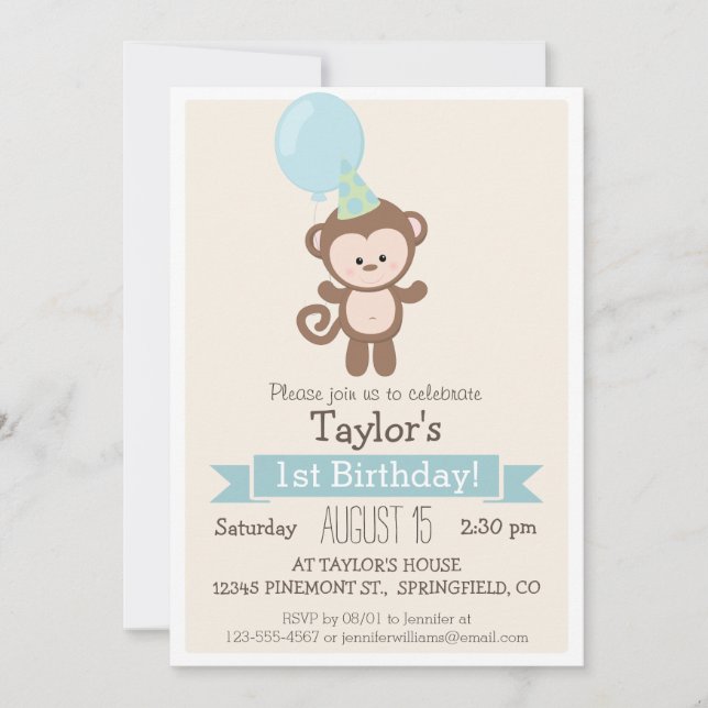 Invitation pour la fête d'anniversaire du singe bé (Devant)