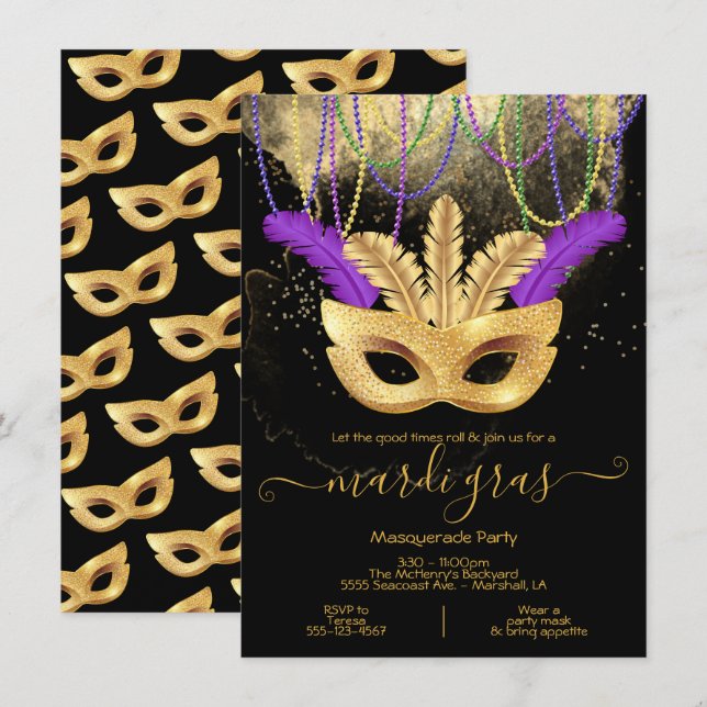 Invitation pour la fête de Mascarade de Mardi Gras (Devant / Derrière)