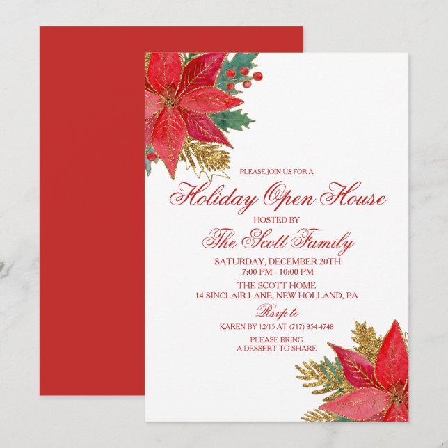 Invitation pour la fête de Noël Poinsettia (Devant / Derrière)