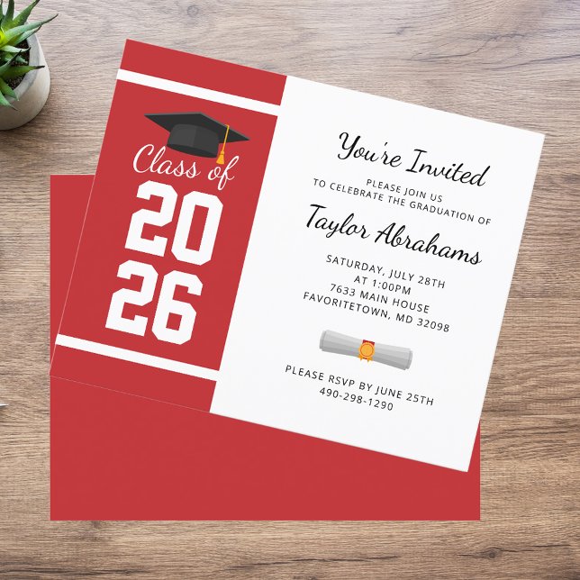 Invitation pour la fête de remise des diplômes rou (Graduation Red White Bold 2025 Party Invitation)