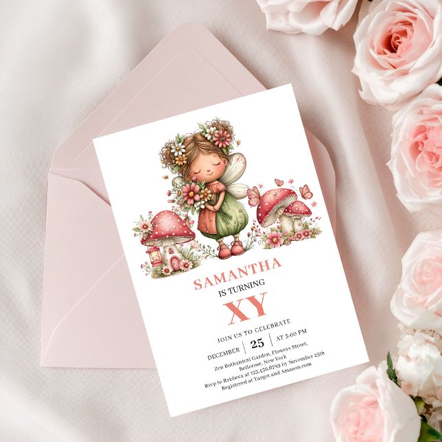 Invitation pour la fête du 1er anniversaire de jol (Cute Fairy 1st Birthday Pink Floral Party Invitation)
