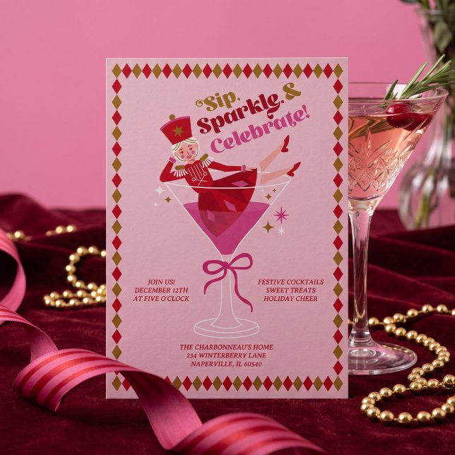 Invitation pour la fête du ballet Casse-Noisette r (Pink Nutcracker Ballet Cocktail Christmas Party Holiday Card)