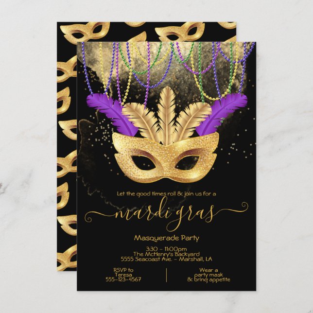 Invitation pour la fête masquée de Mardi Gras en o (Devant / Derrière)