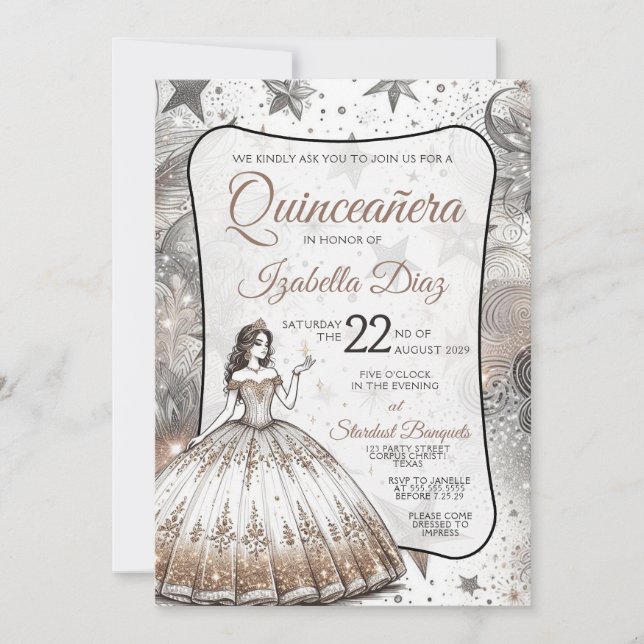 Invitation pour la fille d'or Quinceañera (Devant)
