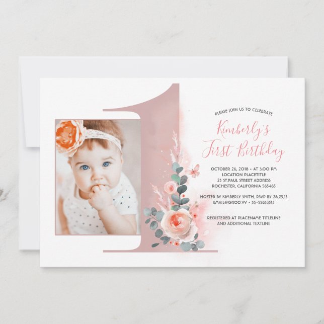 Invitation Pour la petite fille| Pink 1er Birthday Party Phot (Devant)