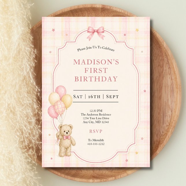 Invitation pour la première fête d'anniversaire de (Pink Yellow Plaid Girl Teddy Bear 1st Birthday Invitation. Printed or Digital)