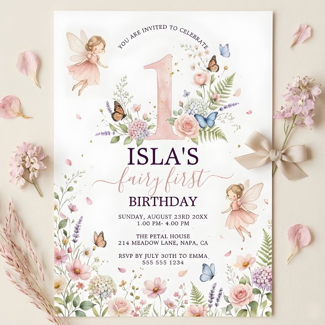 Invitation pour la première fête d'anniversaire de (Pink Floral Fairy First Birthday Invitation)
