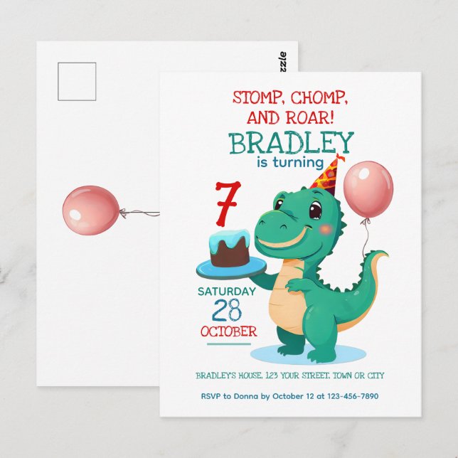 Invitation pour l'anniversaire 7 ans de T Rex Dino (Devant / Derrière)