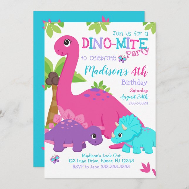 Invitation pour l'anniversaire de Girl Dinosaur /  (Devant / Derrière)