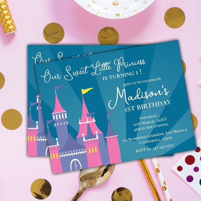 Invitation pour l'anniversaire de la Princesse Dou (Blue Pink Sweet Princess Birthday Party Invitation Postcard)