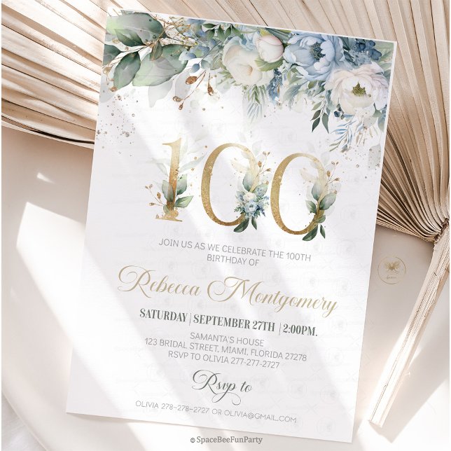 Invitation pour le 100e anniversaire Élégant Jalon (100th birthday invitation, editable sage green invitation, elegant floral design, eighty year old br)