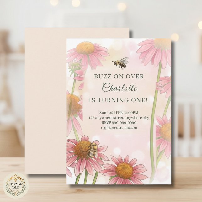 Invitation pour le 1er anniversaire à l'aquarelle  (Watercolor Echinacea & Bumblebee 1st Birthday Invitation)