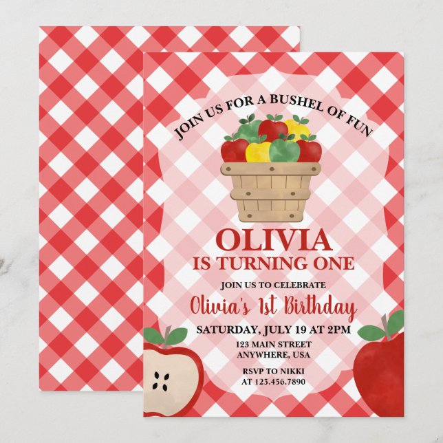 Invitation pour le 1er anniversaire Apple Bushel o (Devant / Derrière)