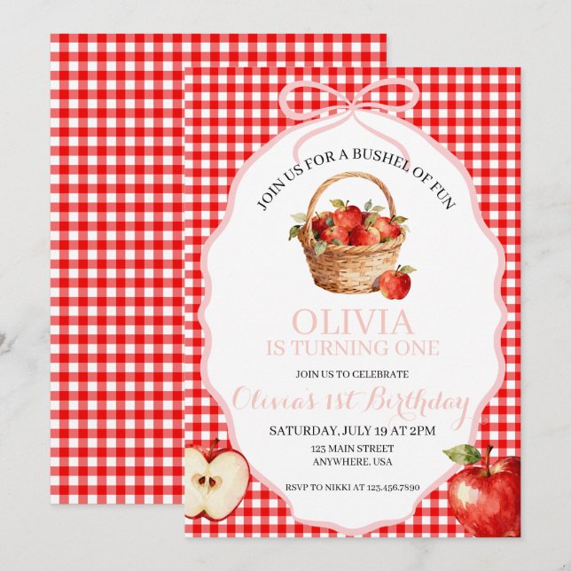 Invitation pour le 1er anniversaire Apple Bushel o (Devant / Derrière)