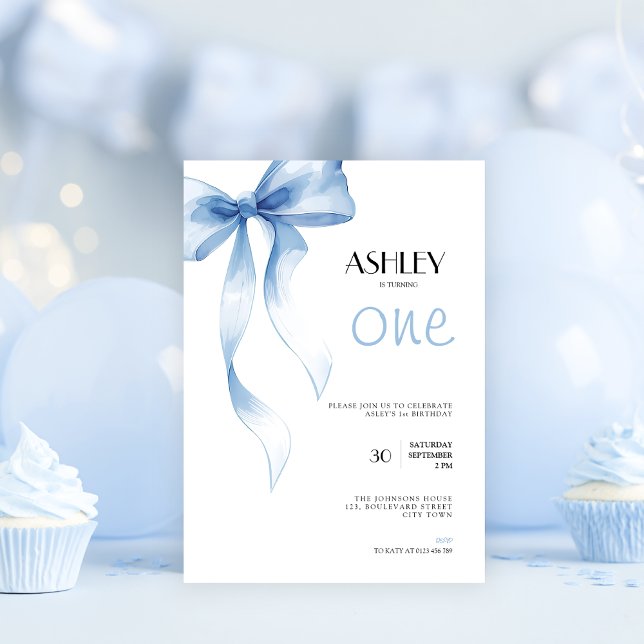 Invitation pour le 1er anniversaire avec un nœud b (Blue bow coquette 1st birthday invitation for girls)