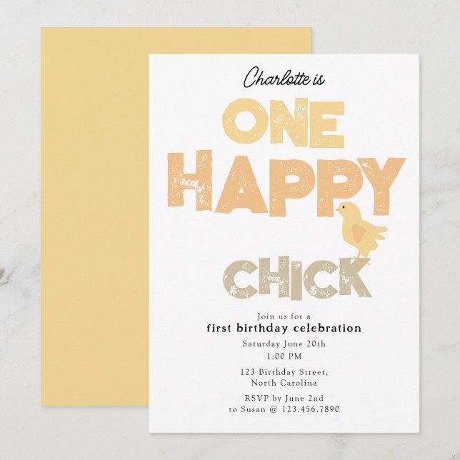 Invitation pour le 1er anniversaire de bébé poulet (Devant / Derrière)