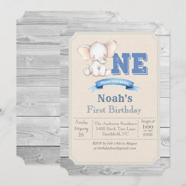 Invitation pour le 1er anniversaire de Elephant Bo (Devant / Derrière)