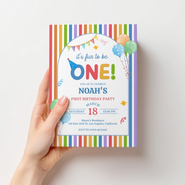 Invitation pour le 1er anniversaire de Fun to Be O (Fun to Be One colorful birthday invitation for a cheerful boy first birthday party. 🎉🎂)