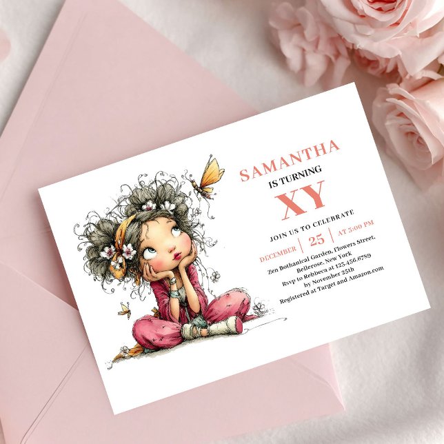 Invitation pour le 1er anniversaire de Graceful Fa (Graceful Fairy Girl 1st Birthday Pink Blush invitation)