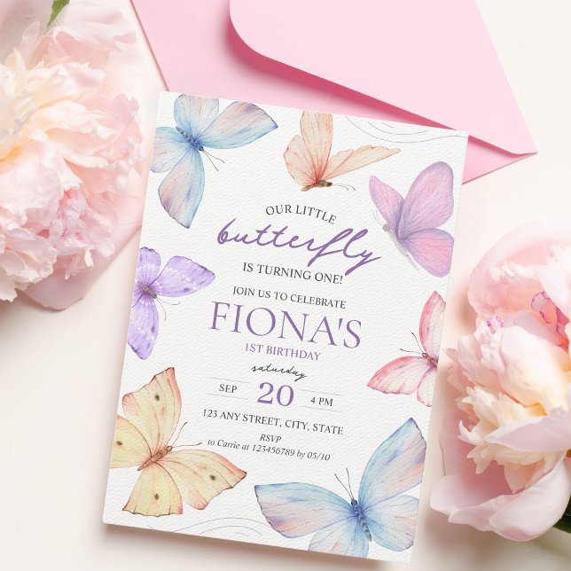 Invitation pour le 1er anniversaire de la petite p (Our little butterfly is turning one! Butterfly 1st birthday invitation)